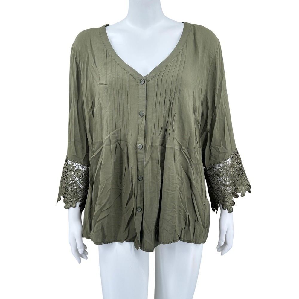 Simply Emma Top Womens 2X Green Lace Sleeve Button Up V-Neck Boho Flowy Feminine